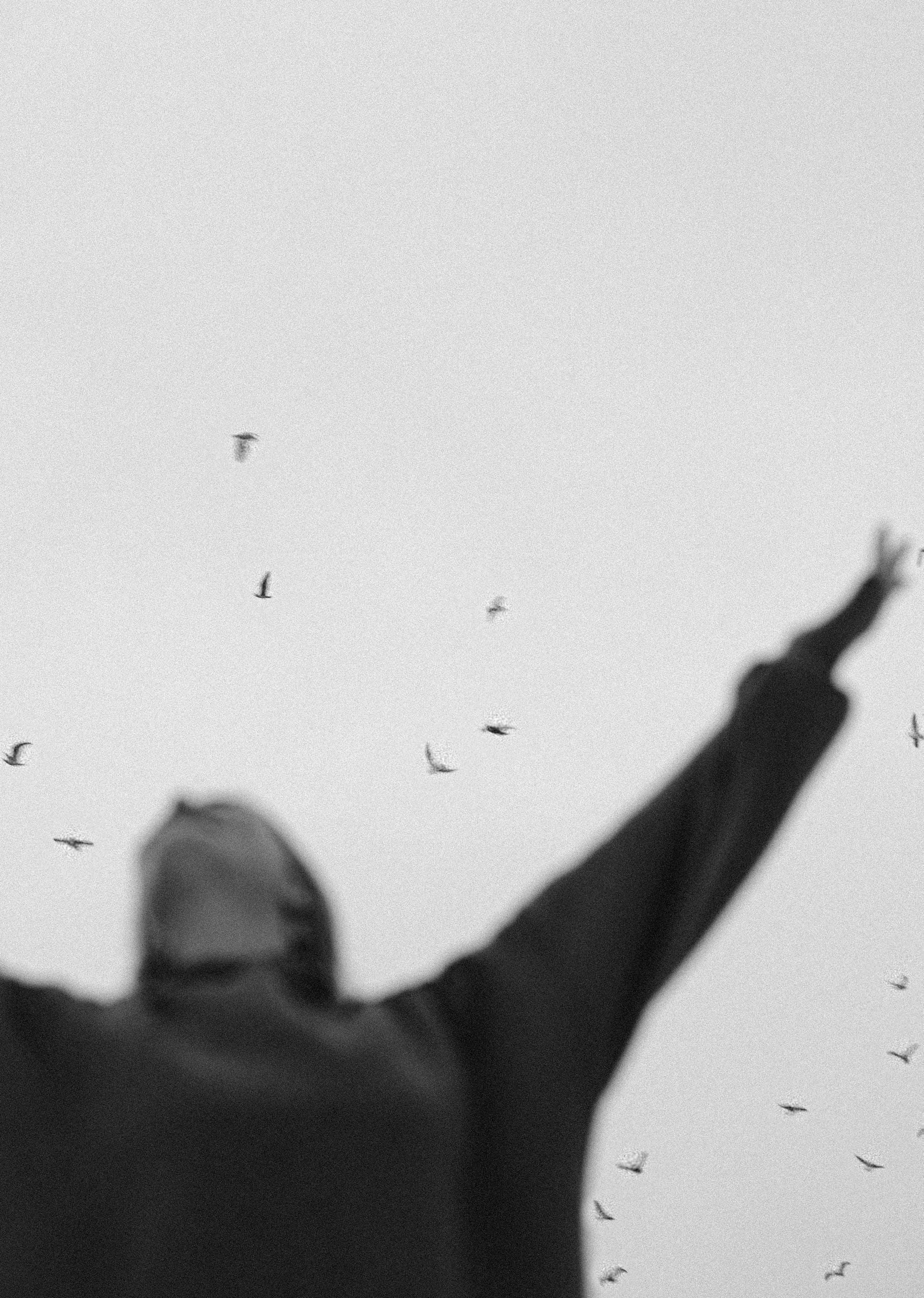A blurred figure with outstretched arms surrounded by birds in a dramatic black and white sky.